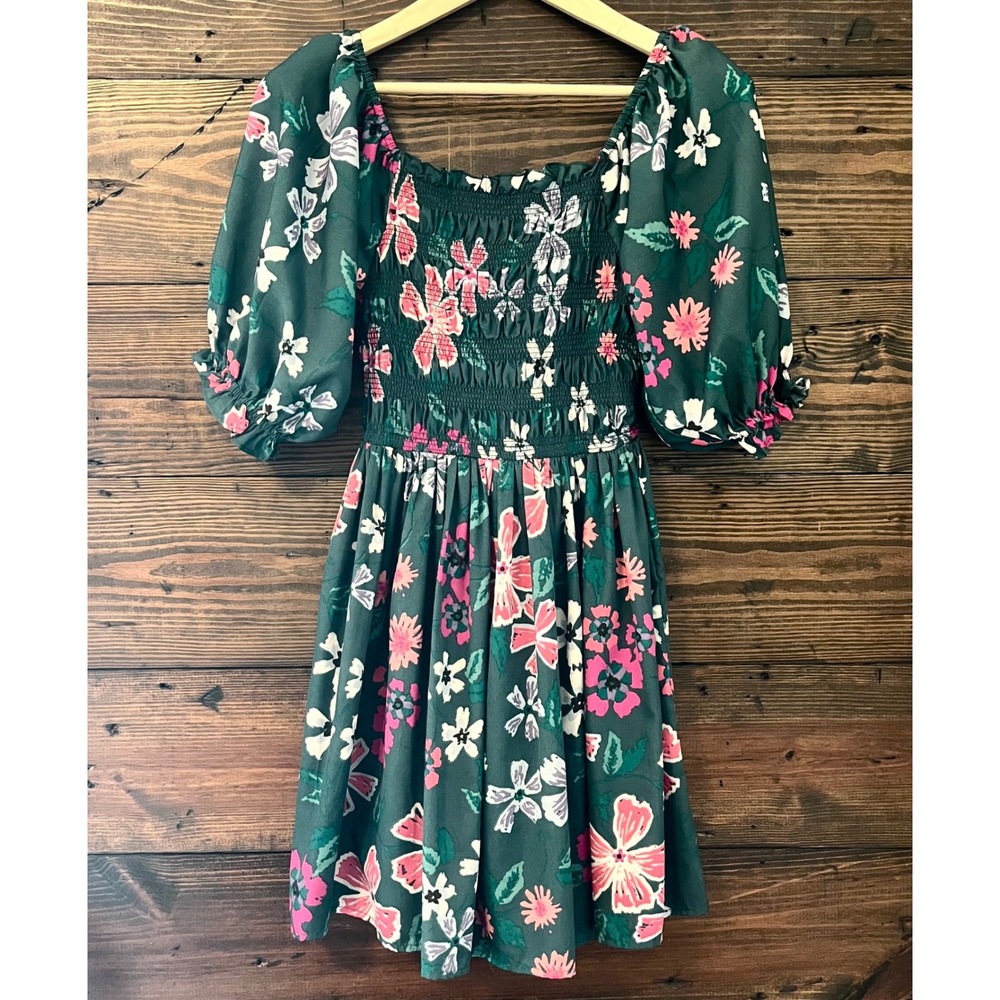 Smocked Floral Mini Dress Women's Small Green Pink Puff Sleeve Cottagecore Boho
